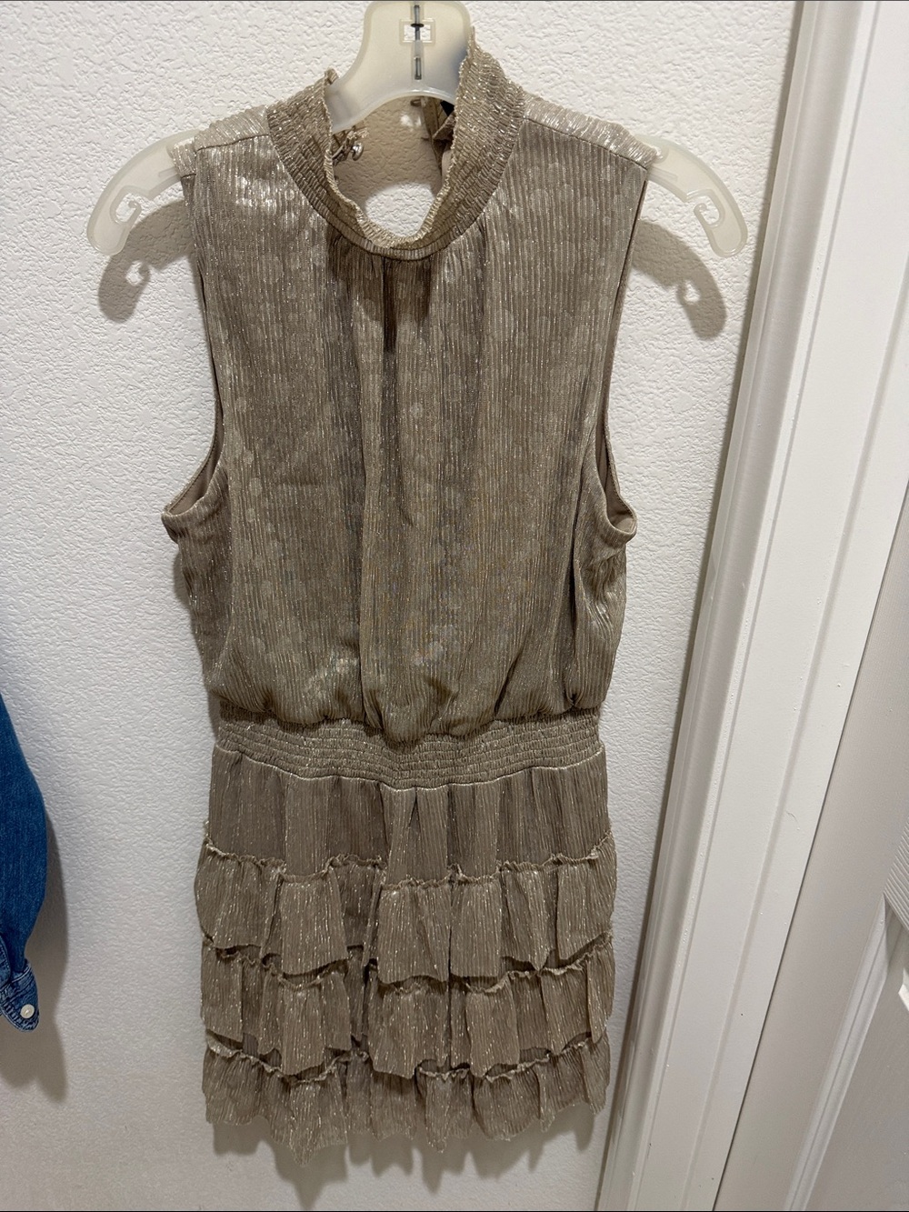 1. State Metallic Taupe Ruffle Tiered Sleeveless Dress